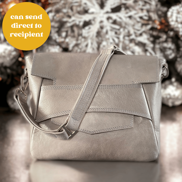 Light Grey Silver Leather Handbag Shoulder Bag - Luxe Christmas Gift