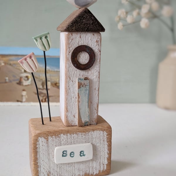 Little Wooden Sea Hut with Clay Flowers 'Sea'
