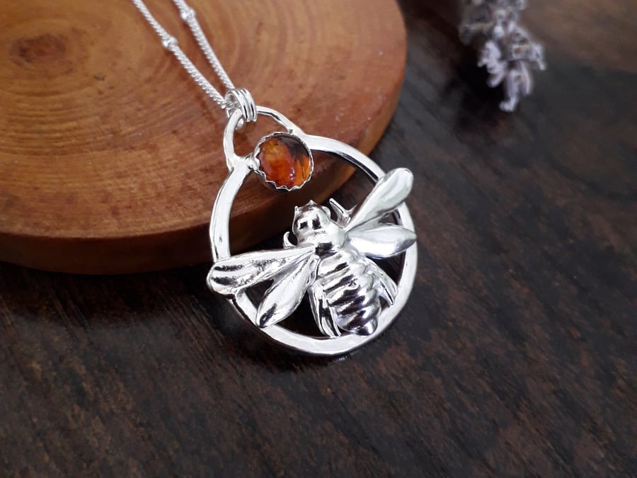 Bee Pendant with Amber and Silver