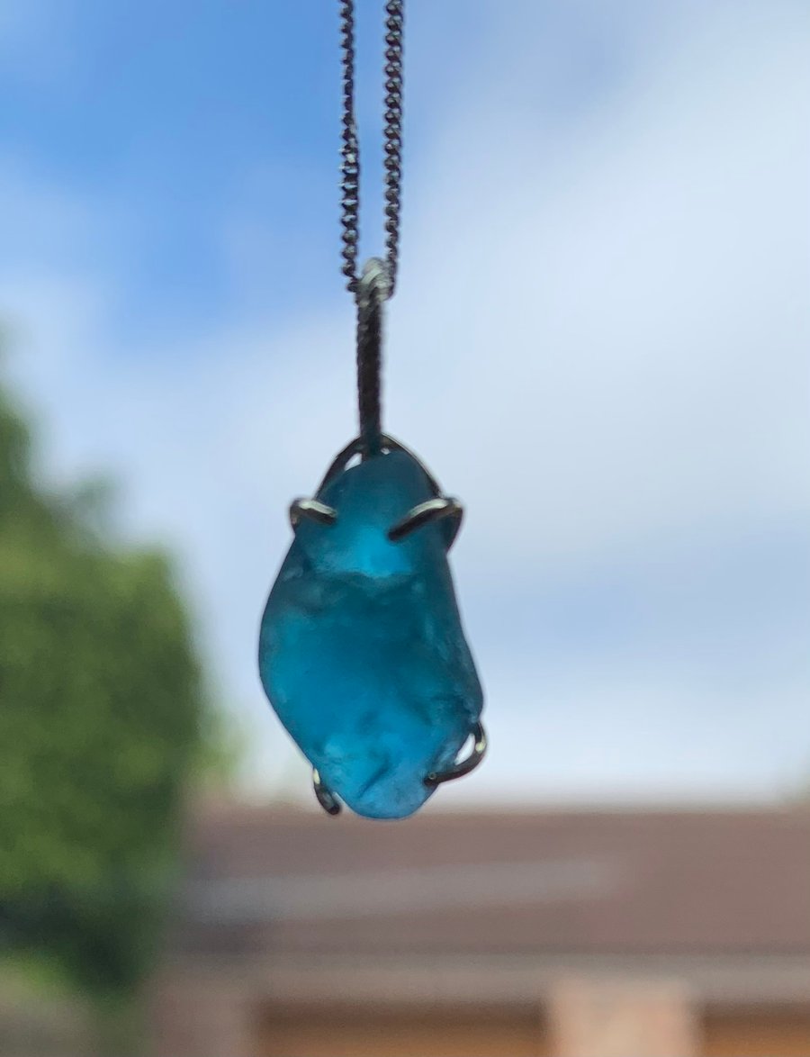 Aquamarine seaglass and Sterling silver pendant