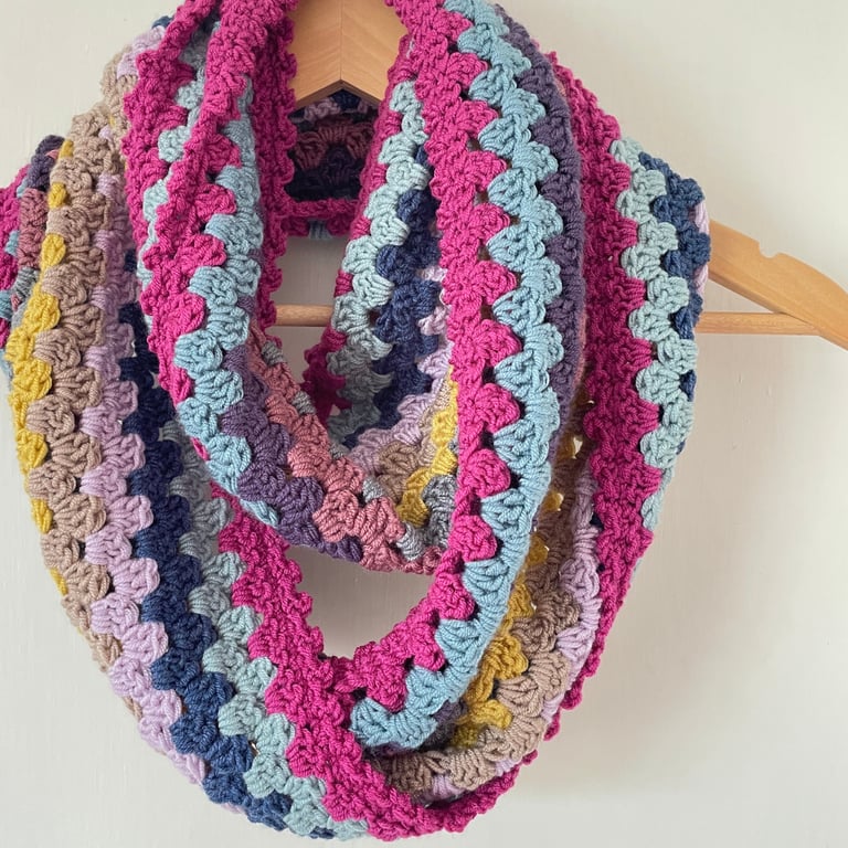 Multicoloured Crochet Infinity Scarf - Handmade - Granny Stripe