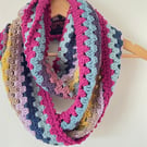 Multicoloured Crochet Infinity Scarf - Handmade - Granny Stripe