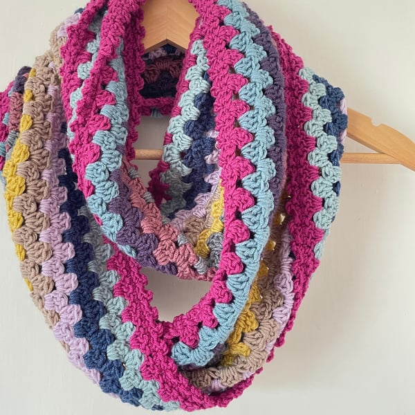 Multicoloured Crochet Infinity Scarf - Handmade - Granny Stripe