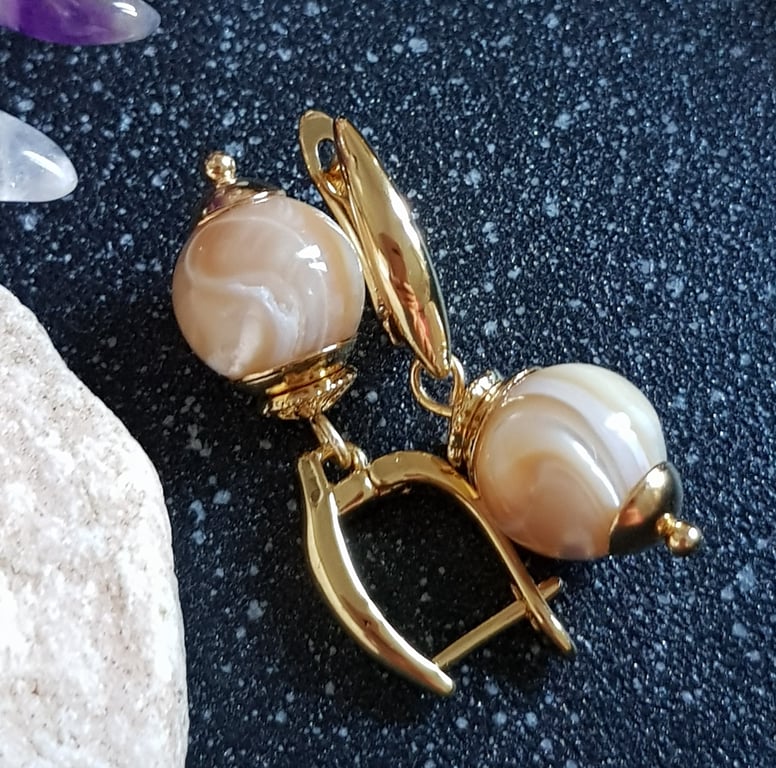 Gold plated earrings with natural mother of pearl beads, gift for her
