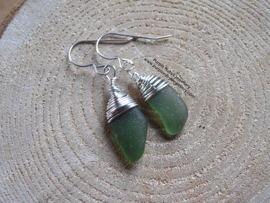 Olive Green Mermaids Tears Cornish Sea Glass Earrings, Sterling Silver E566