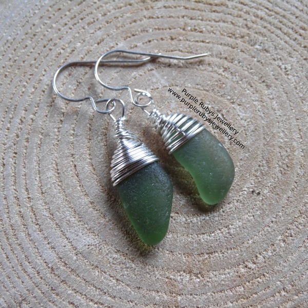 Olive Green Mermaids Tears Cornish Sea Glass Earrings, Sterling Silver E566