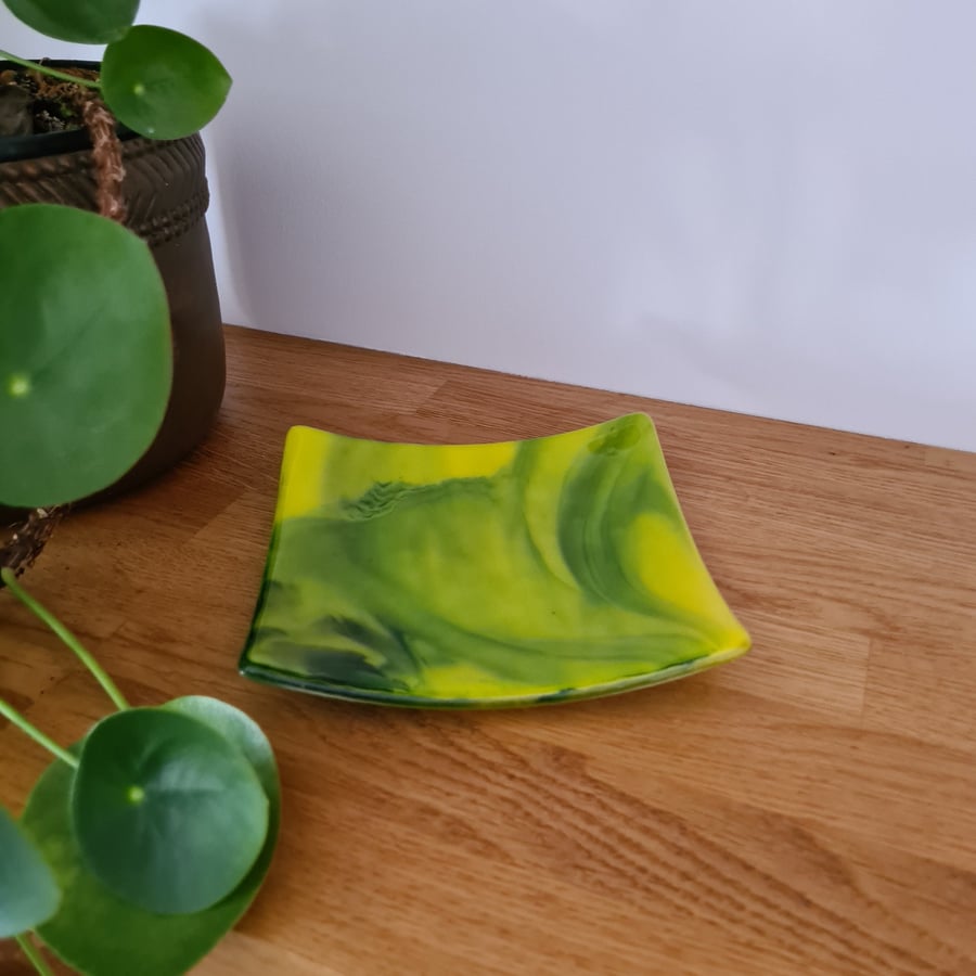 Swirly yellow and green fused glass dish