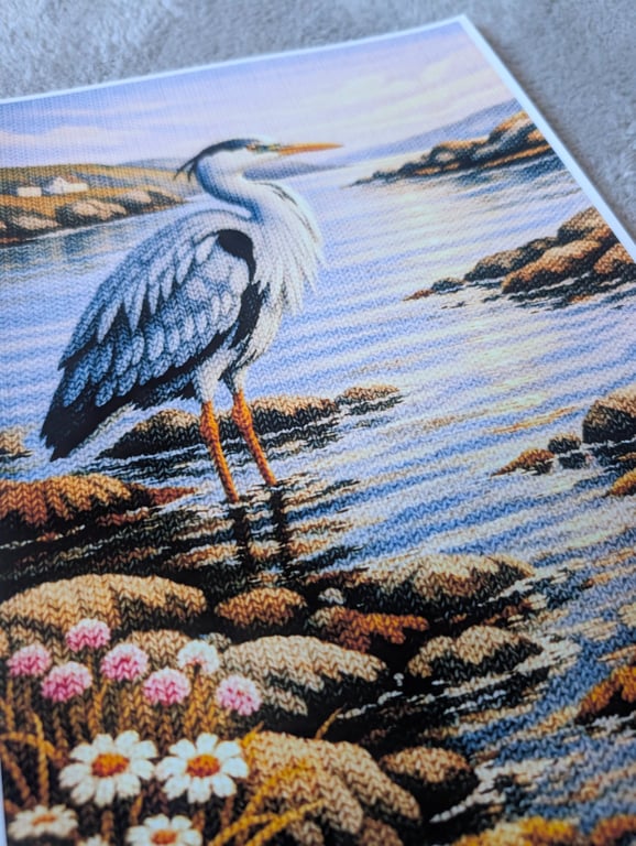 Grey Heron Coastal Knitted design photo print A4 
