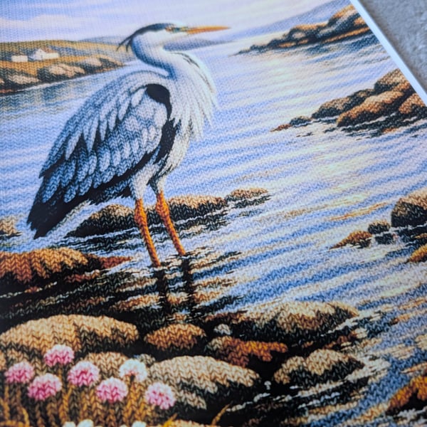 Grey Heron Coastal Knitted design photo print A4 