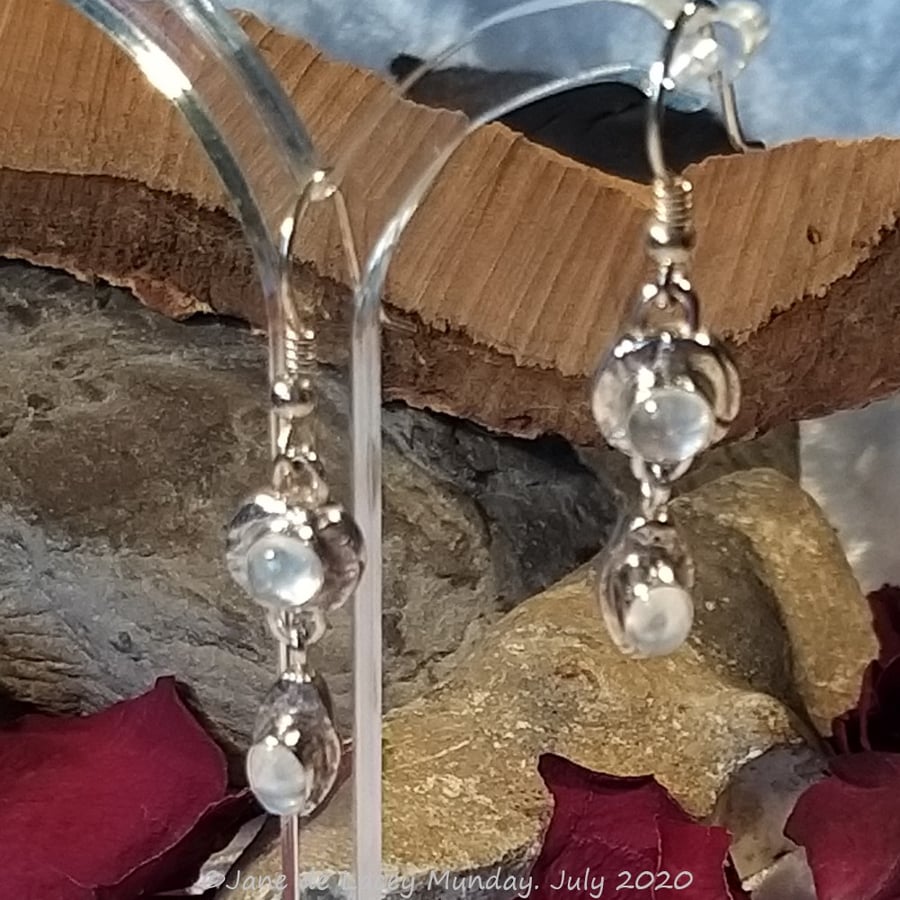 Fine Silver and Rainbow Moonstone Drop Earrings