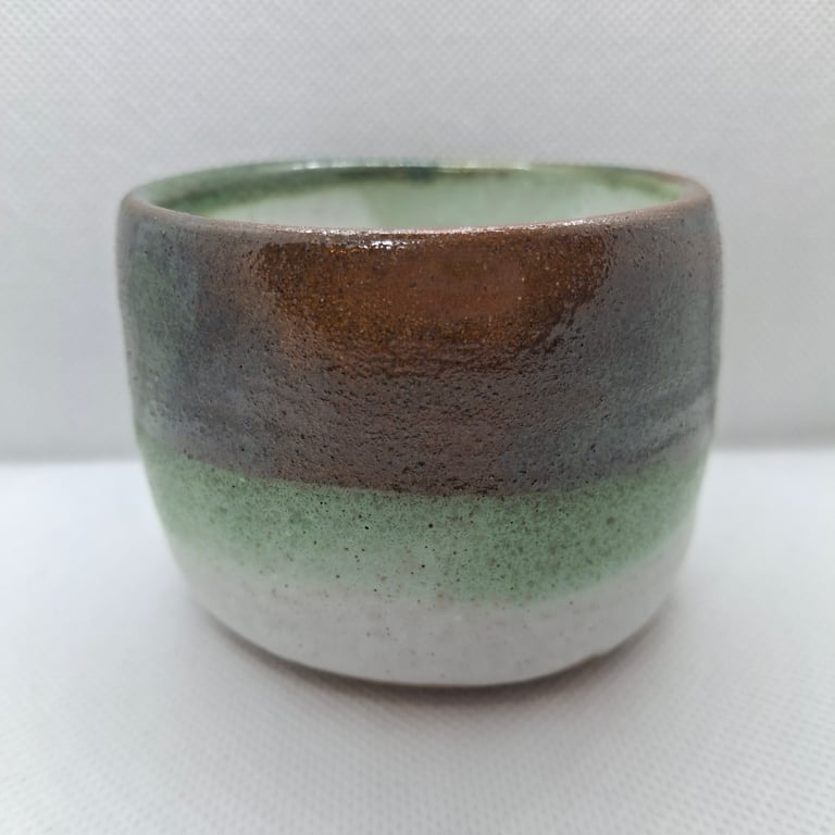 Handmade pottery pot, green and white glaze.