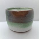 Handmade pottery pot, green and white glaze.