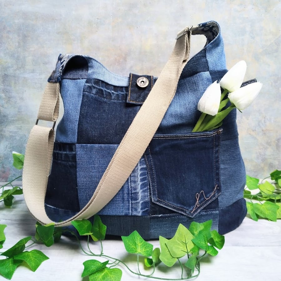 Recycled Patchwork Denim Jeans Hobo Shoulder Bag
