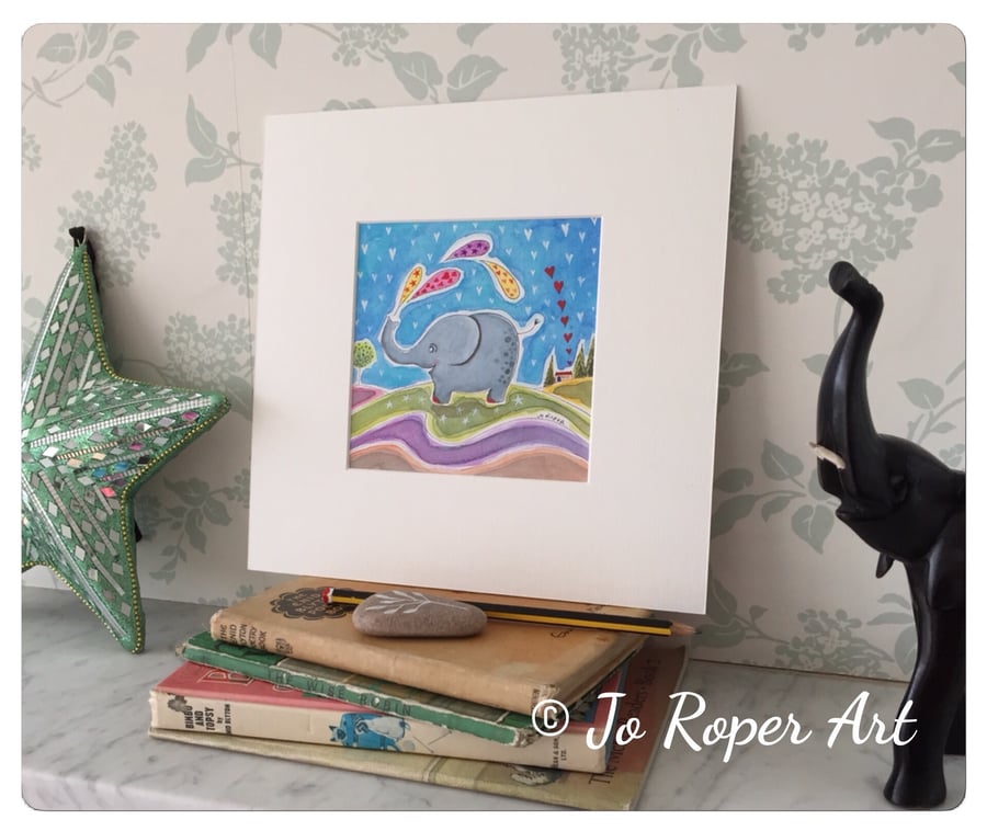 Elephant 'Effy' splashes mounted print Jo Roper 