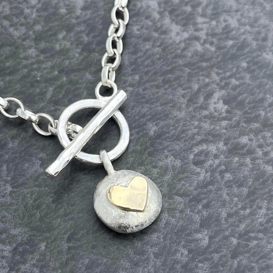 Gold Heart Pebble Fob Necklace, Sterling Silver and gold Fob Necklace, valentine
