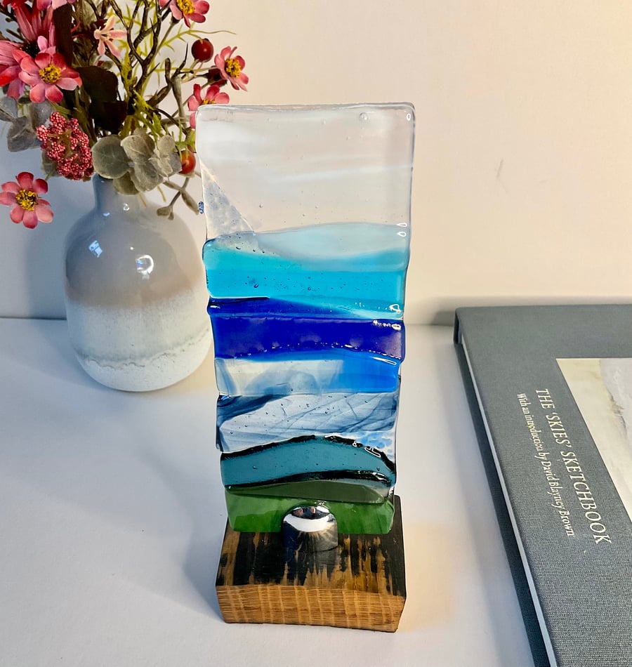 Fused glass seascape in wood