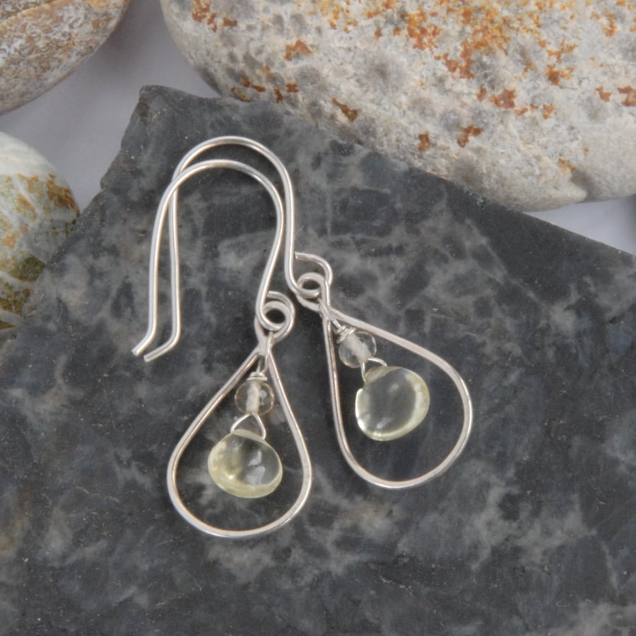 Sterling silver and lemon quartz frame drop earrings