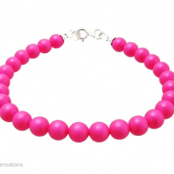 Bright Hot Neon Pink Pearls & Sterling Silver Summery Bracelet