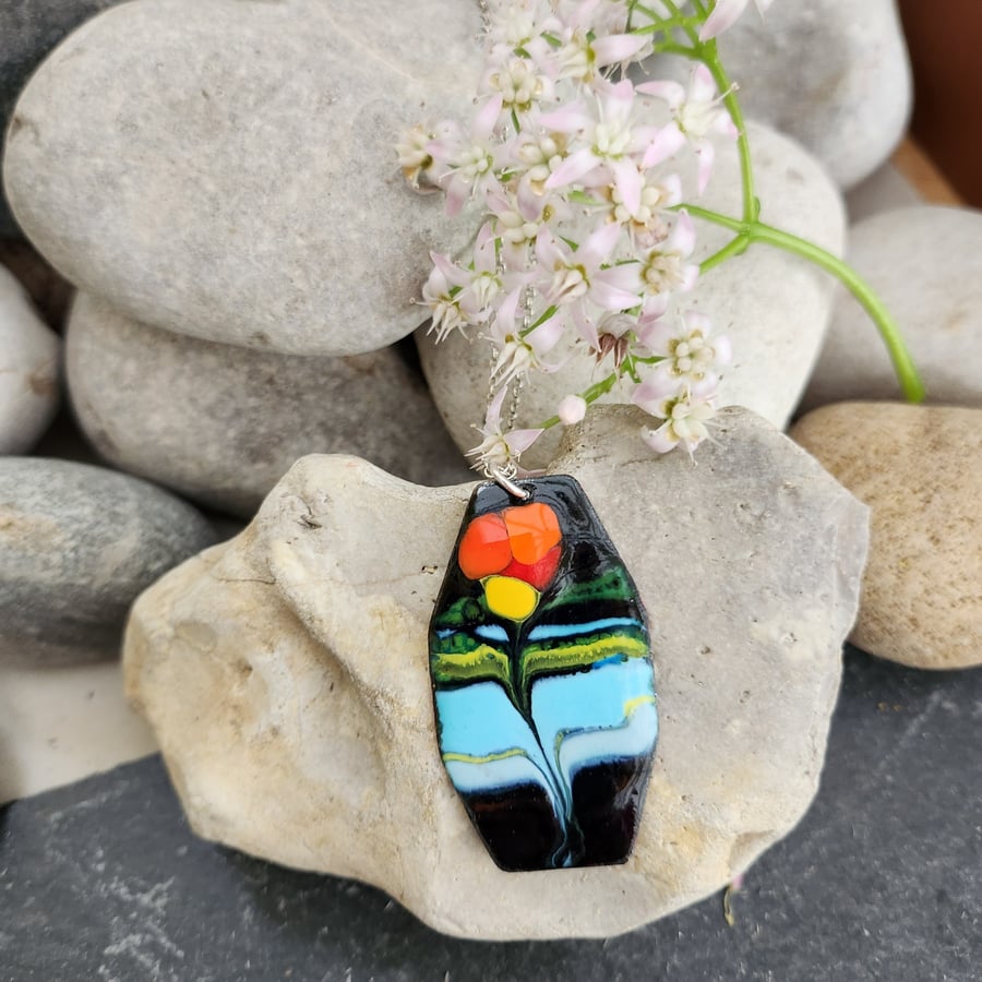 Multicolour enamel pendant with sterling silver chain