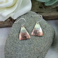 Earrings, Sterling Silver and Copper Rustic Triangle Dropper Earrings