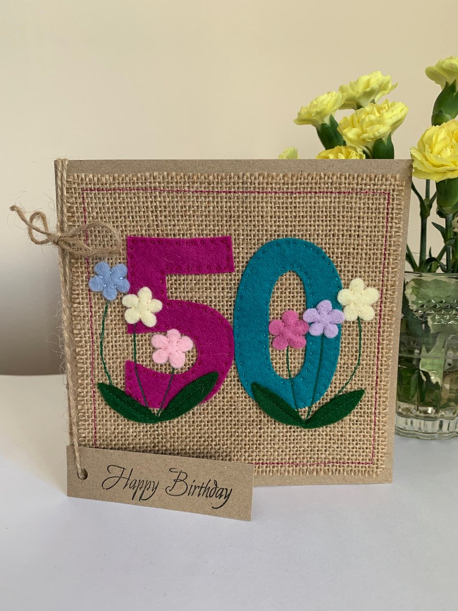 Handmade 50th Birthday Card. Keepsake Card. Textile Card.