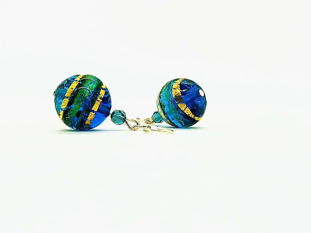 Sea Blue Murano Glass Drop Earrings, 22kt Gold Core, Sterling Silver Earwires