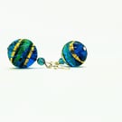 Sea Blue Murano Glass Drop Earrings, 22kt Gold Core, Sterling Silver Earwires