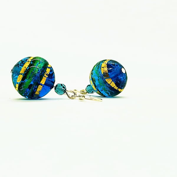 Sea Blue Murano Glass Drop Earrings, 22kt Gold Core, Sterling Silver Earwires