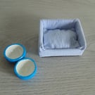 Handmade dolls house dog bed and food bowls