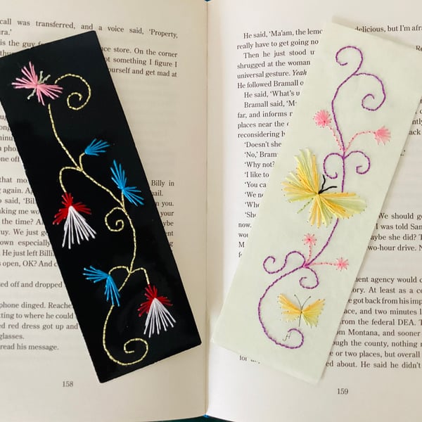 Embroidered book marks, embroidered butterflies, embroidered flowers