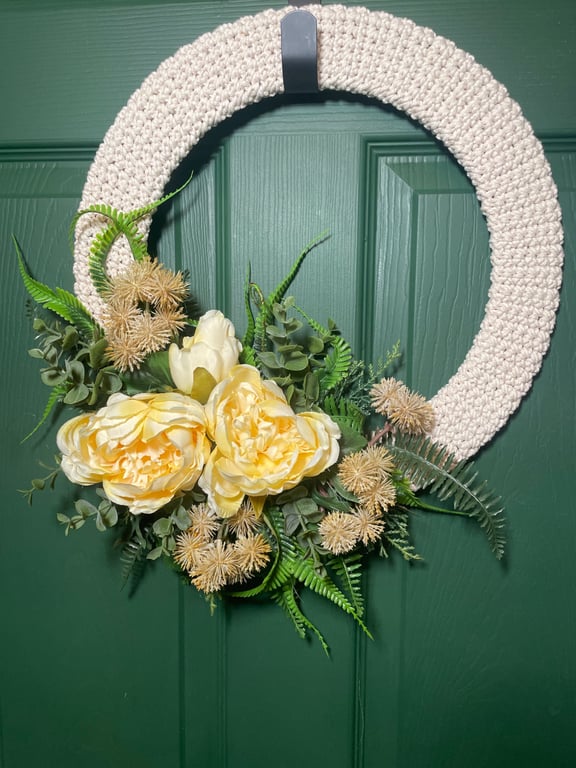 Handmade Crochet Summer Wreath - 36cm Modern Boho Door Decor with Peonies & Fern