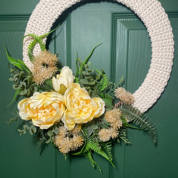 Handmade Crochet Summer Wreath - 36cm Modern Boho Door Decor with Peonies & Fern