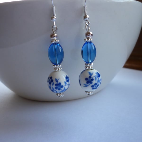 BLUE, WHITE AND SILVER - PORCELAIN BEAD DANGLE EARRINGS.