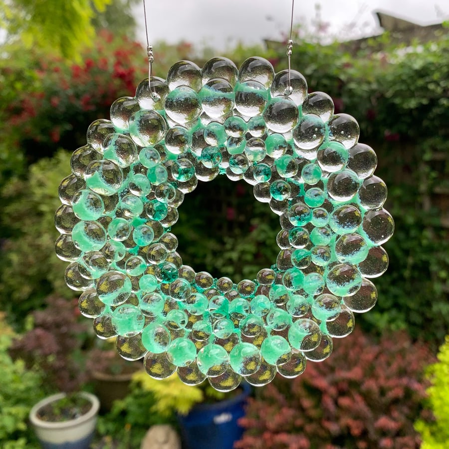 Fused Glass Green Tint Bubble Ring Hanging - Handmade Glass Suncatcher