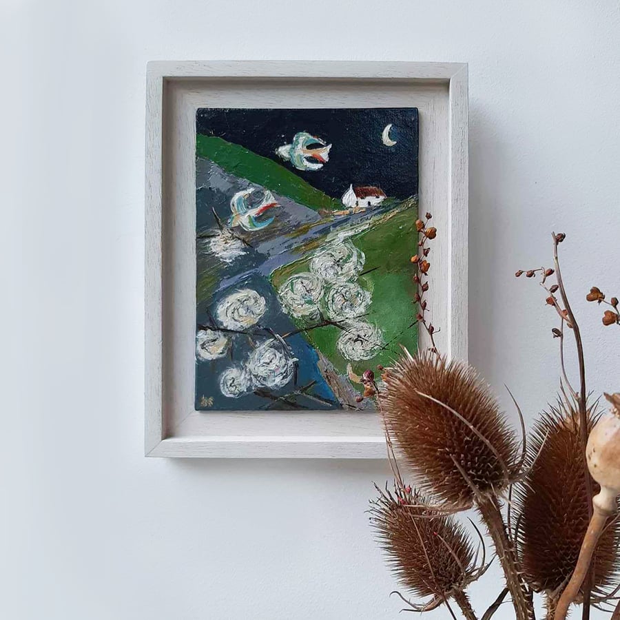 'By the Clematis Moon' - original Folk Art painting