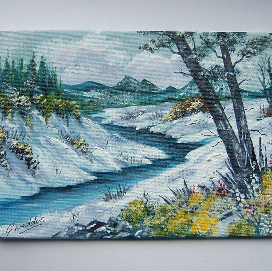 acrylic original art painting winter snow landscape ref 12