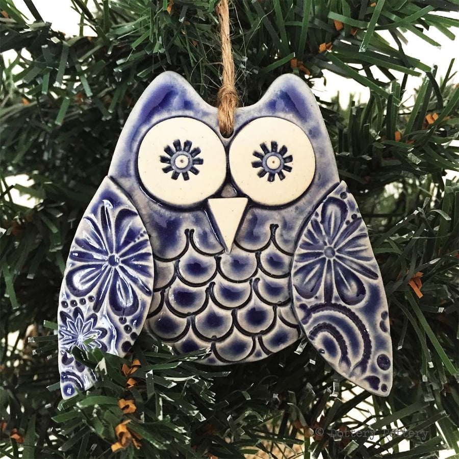 Ceramic owl hanging decoration Pottery owl ceramic bird blue