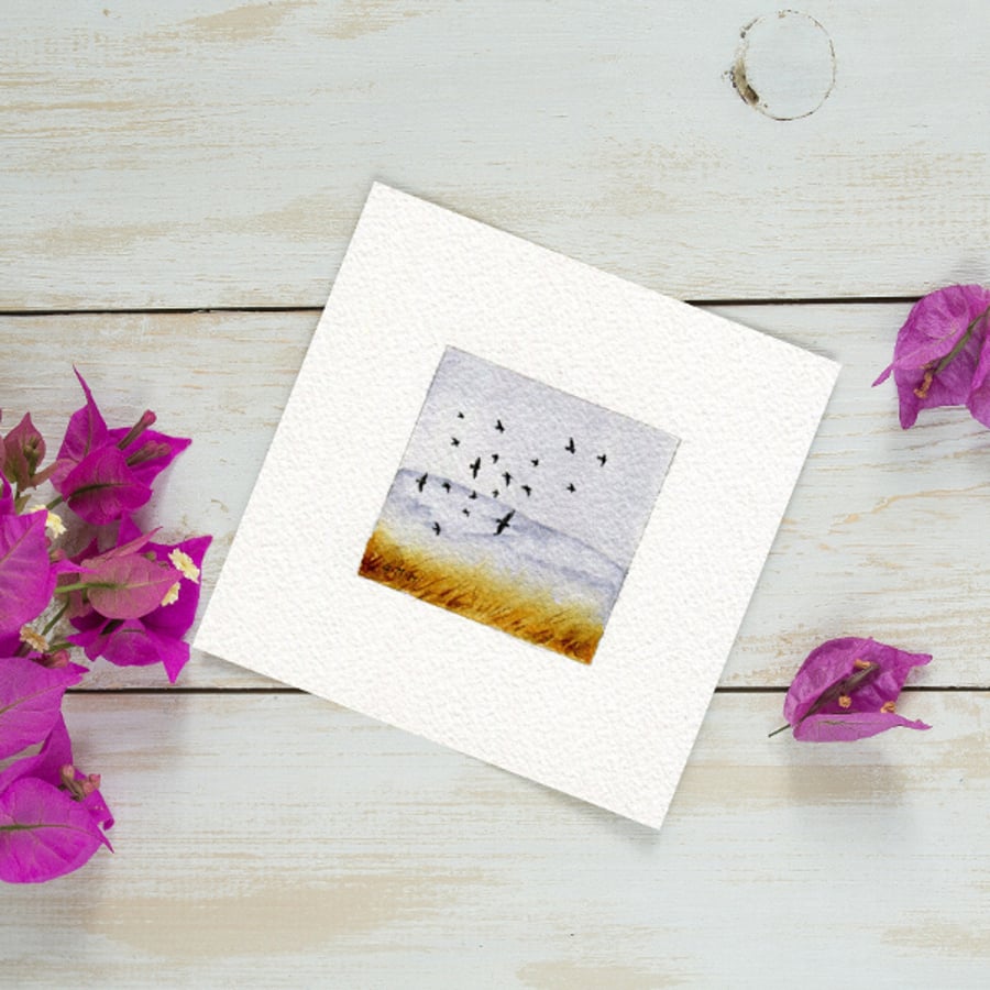 Original Watercolour Miniature - painting of Scotland on a misty harvest morning