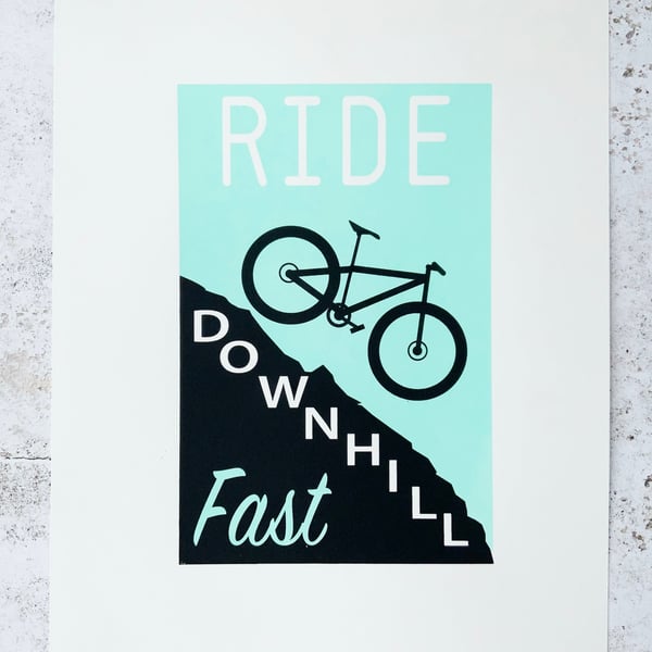 Ride downhill Print, mountain bike A3 silk screen print, 2 colour print