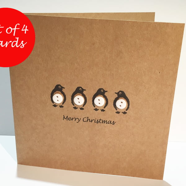 Set of 4 Penguin Christmas Cards - Buttons