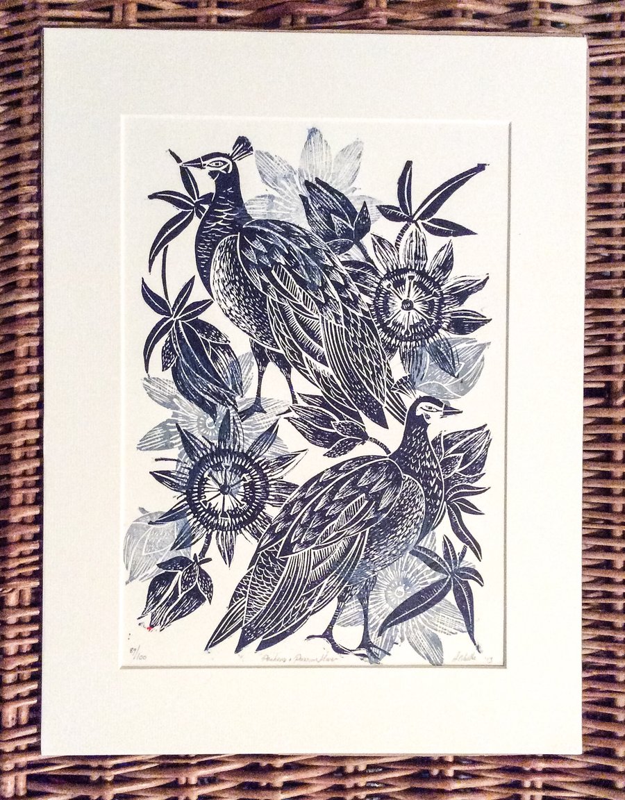  Peahen and Passion Flower limited edition lino cut print 