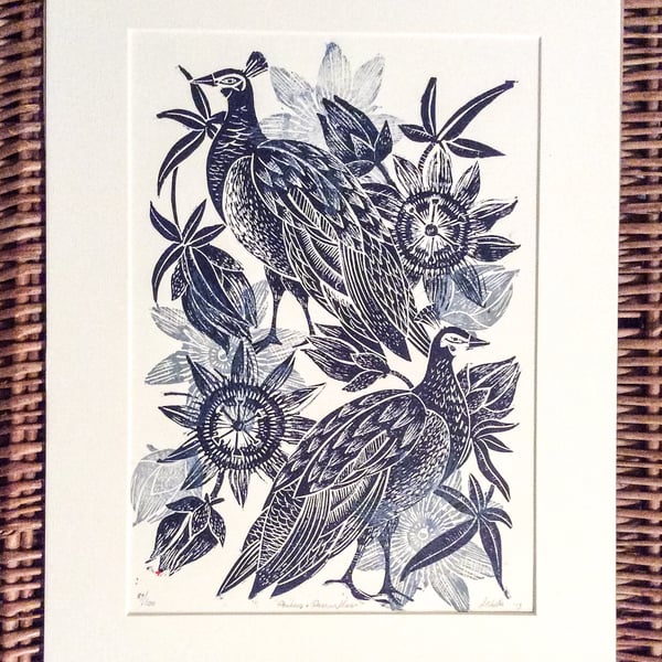  Peahen and Passion Flower limited edition lino cut print 