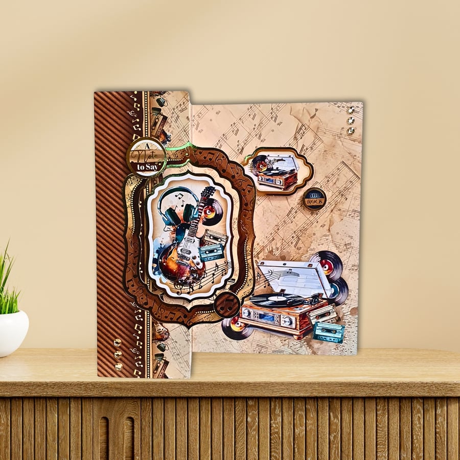 Fun Fold Musically Themed Card For Various Occasions, Record Player, Guitar