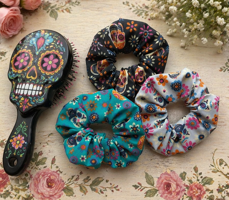 Day of Dead Hair Scrunchies Pack 3 Mixed 
