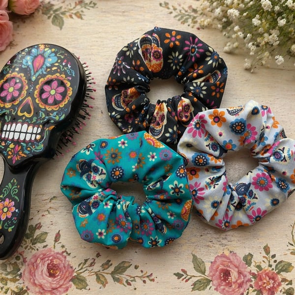 Day of Dead Hair Scrunchies Pack 3 Mixed 