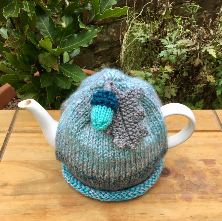 Turquoise and Grey Tea Cosy with Oak Leaf and A... Folksy