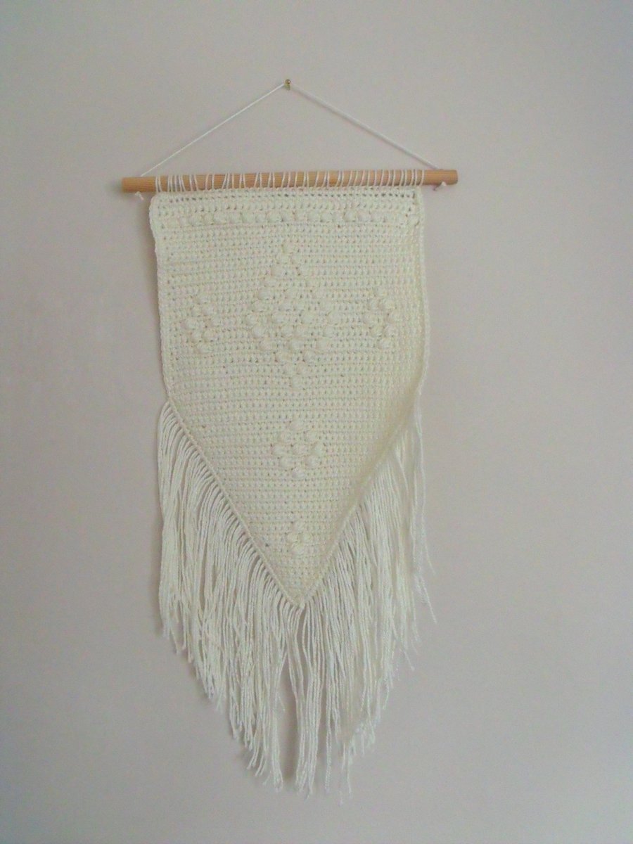 ivory cotton crocheted wall hanging with fringe