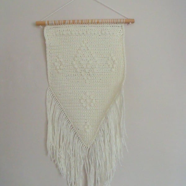 ivory cotton crocheted wall hanging with fringe