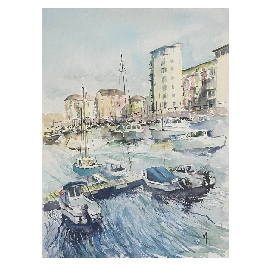Tower Buildings Overlooking The Harbour, an original watercolour painting