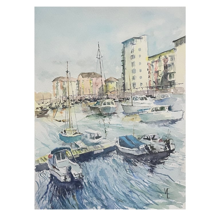 Tower Buildings Overlooking The Harbour, an original watercolour painting